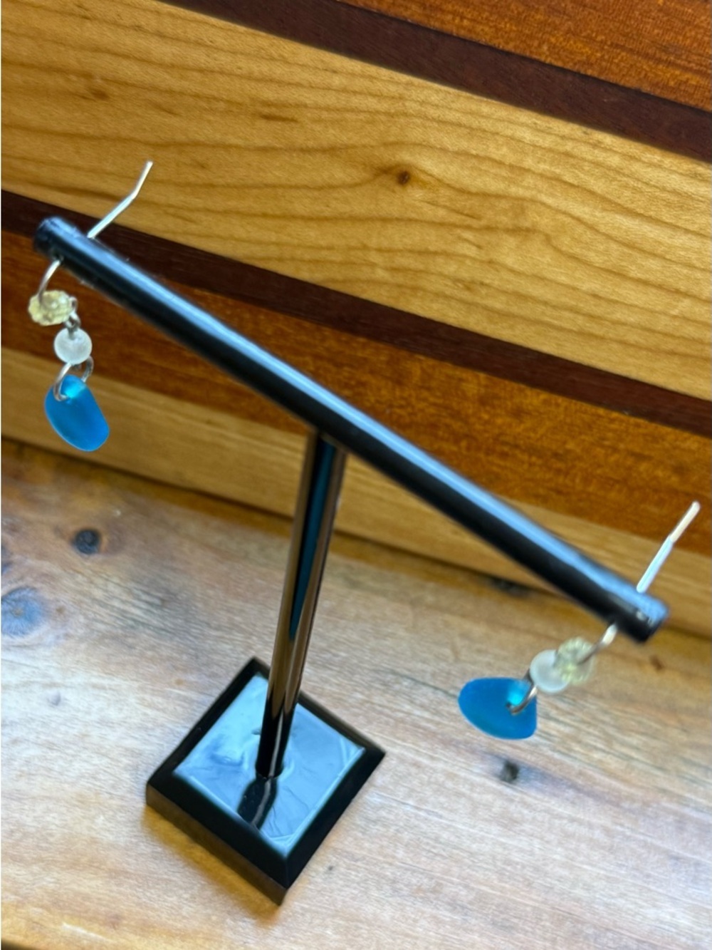 Blue Cape Cod Seaglass Teardrop Dangle Earrings - Picture 4 of 4